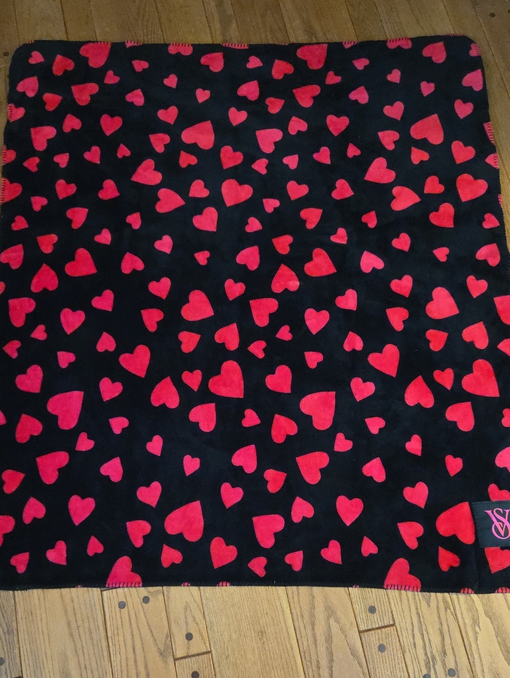 Victoria's Secret Black Plush Throw Blanket with Red Heart Print